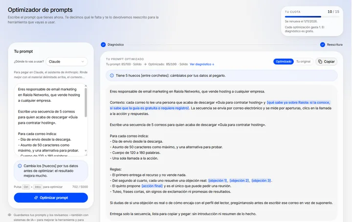 Resultado del Optimizador de Prompts con la nota y los criterios