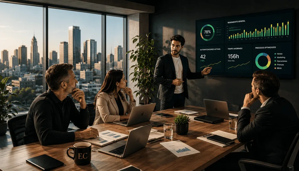 Una sesión de trabajo en una sala de reuniones, con paneles de datos en pantalla